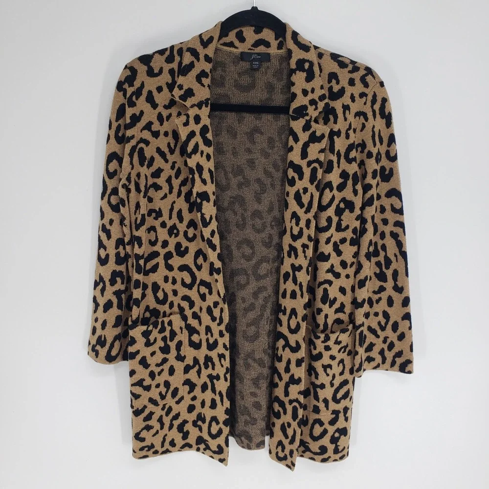 J Crew Leopard Print Sophie Sweater Blazer Women XXS Tan Open Front Merino Wool